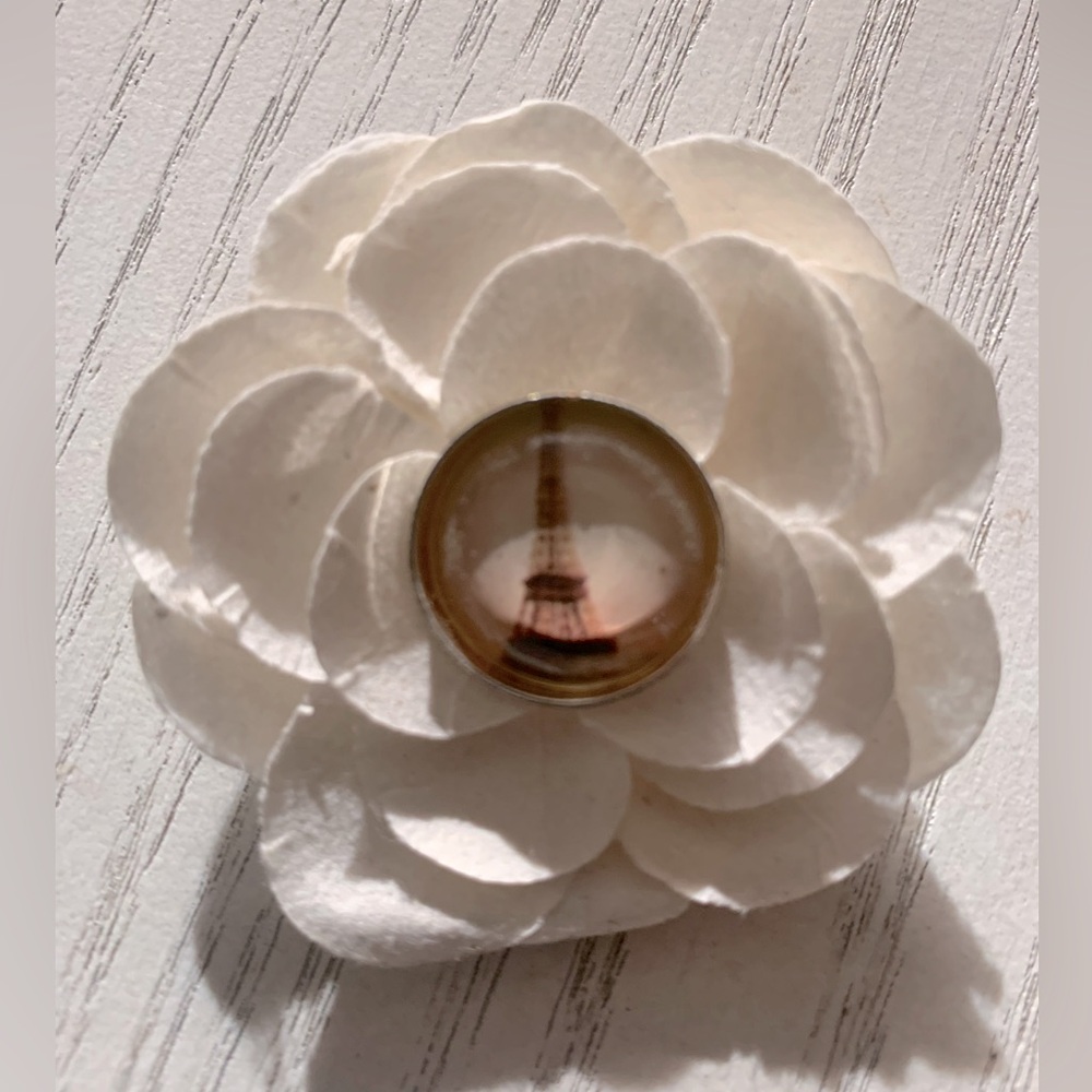 Camellia Flower Brooch with Paris Eiffel Tower Center